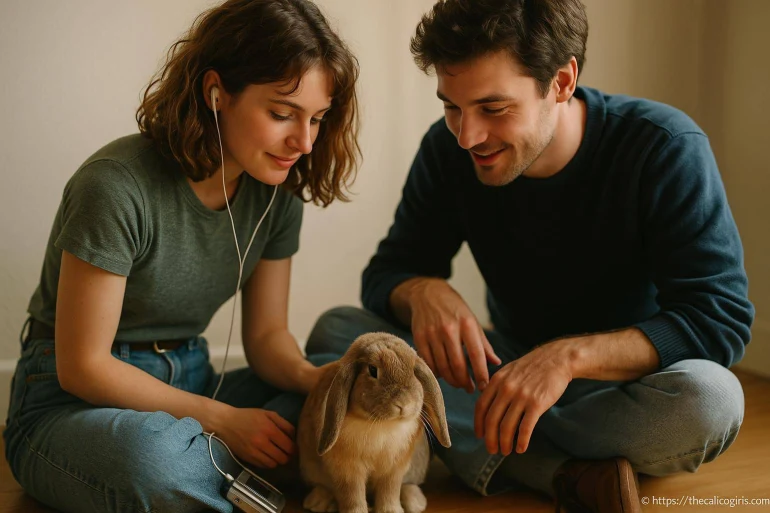Couple assis avec un lapin domestique
