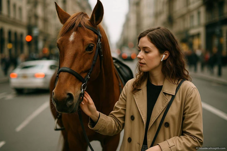 Femme caressant cheval en ville