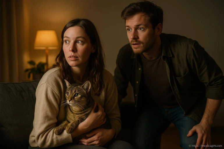 Couple anxieux tenant un chat