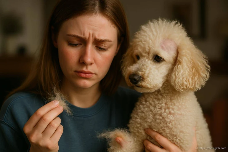 Femme inquiète tenant poils de caniche