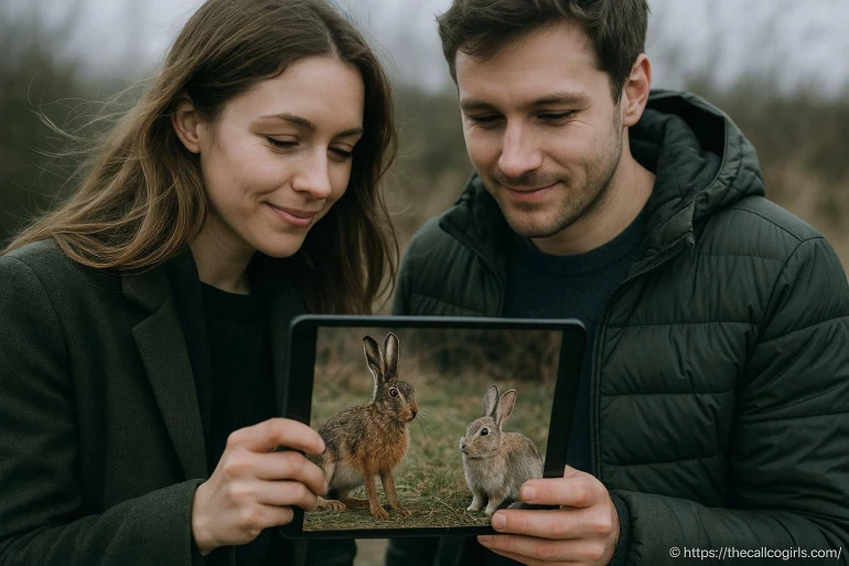 Couple regardant des lapins sur tablette
