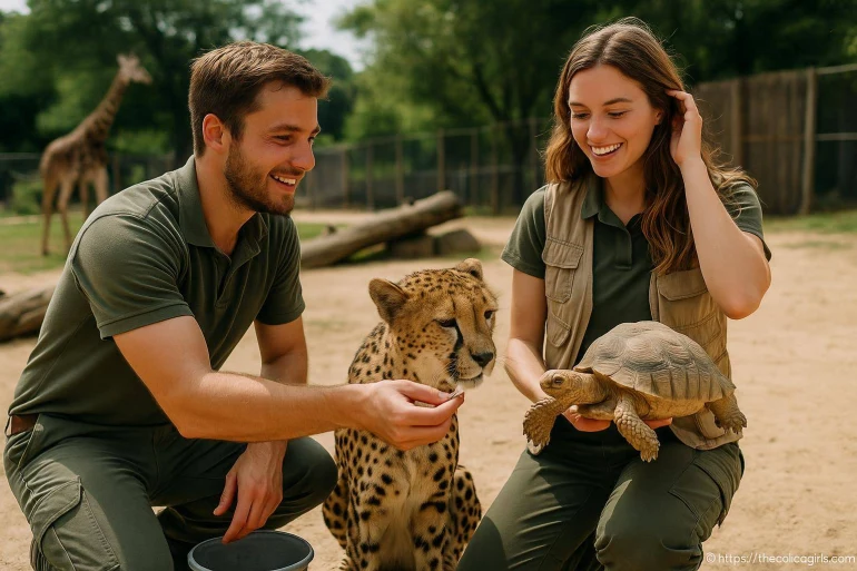 Soigneur animalier avec guépard et tortue