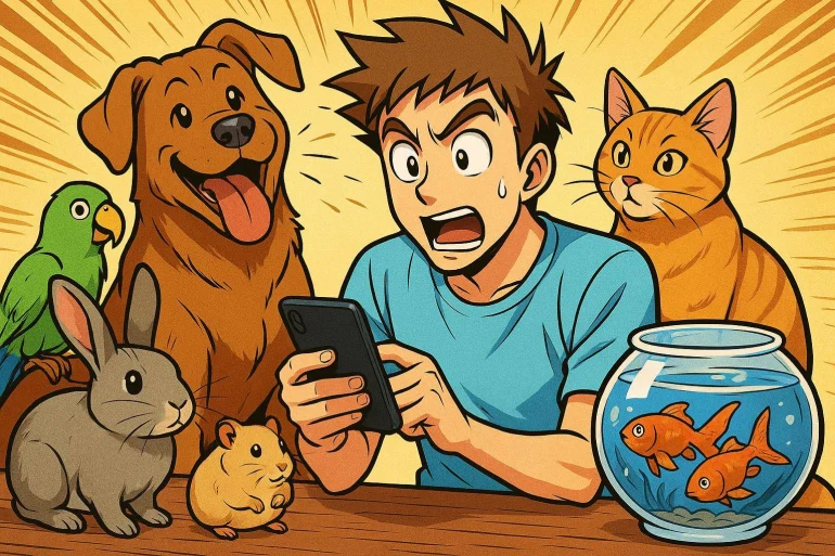 Homme surpris entouré d'animaux domestiques