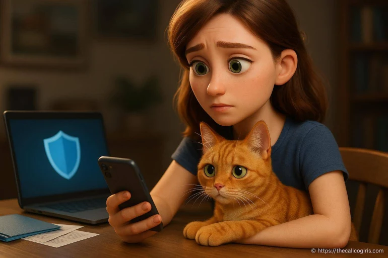 Fille inquiète avec chat et smartphone