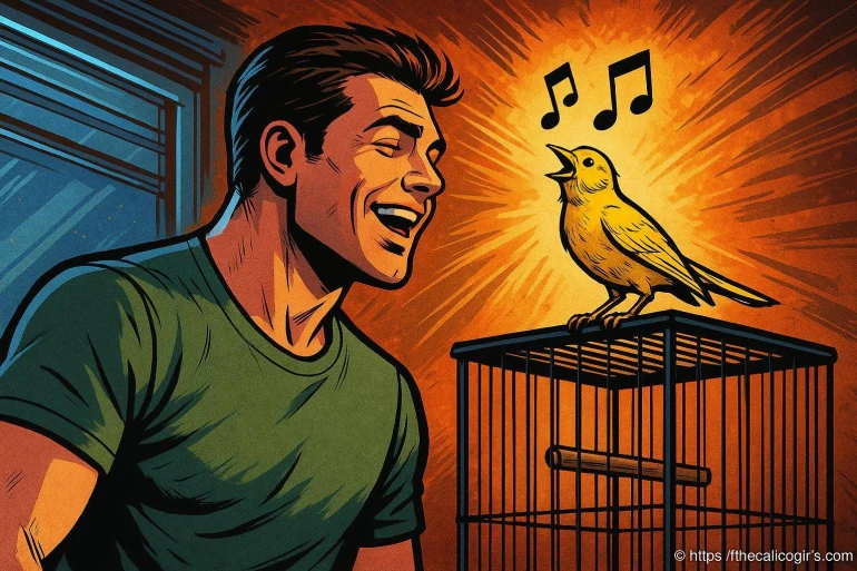 Homme chantant avec un oiseau en cage