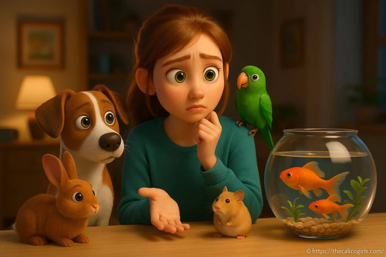 Fille animée avec animaux domestiques