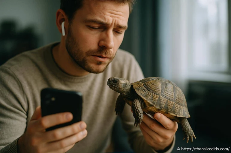 Homme tenant une tortue et regardant un smartphone