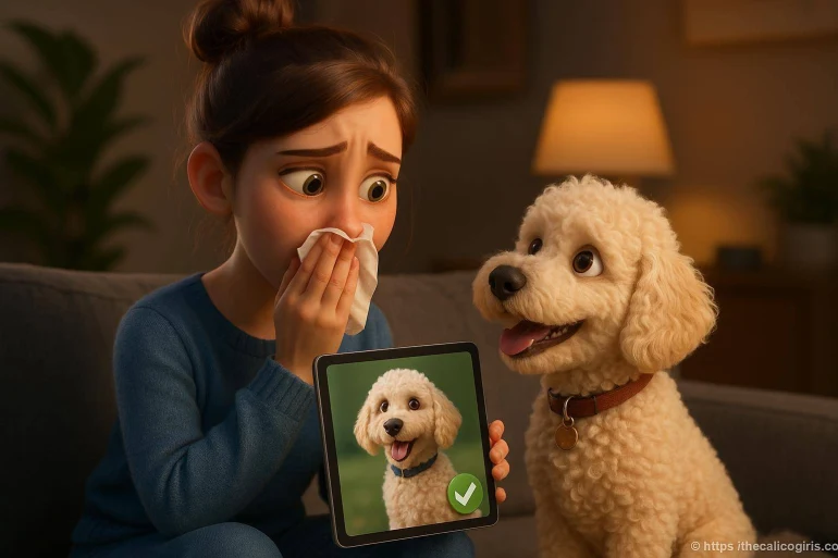 Femme triste avec chien et tablette