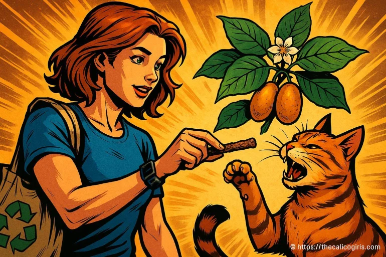 Femme donnant un bâton à un chat orange
