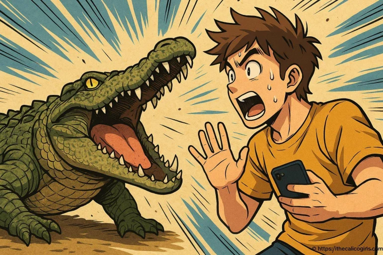 Jeune homme effrayé face à un crocodile