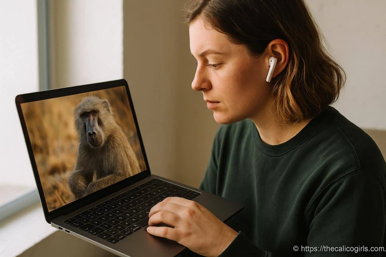 Femme regardant un babouin sur un ordinateur