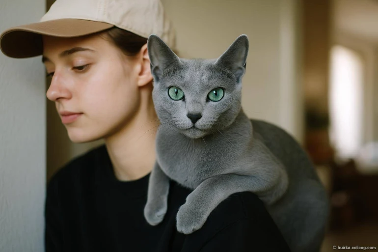 Chat bleu russe aux yeux verts sur épaule