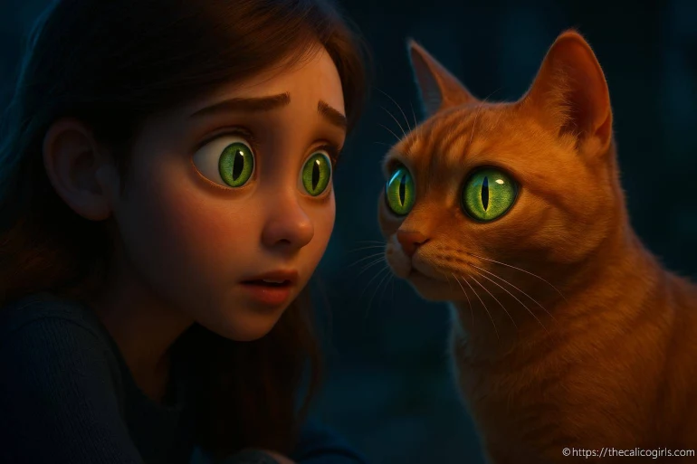 Fille et chat aux yeux verts lumineux