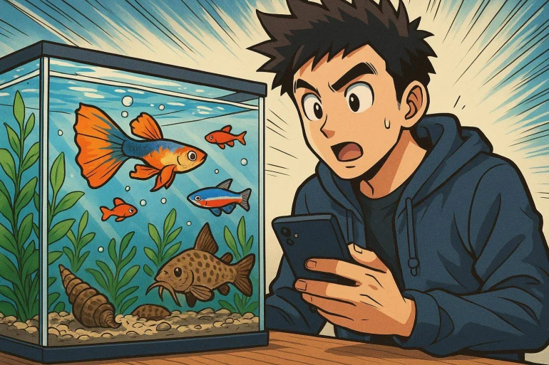 Jeune homme surpris devant aquarium