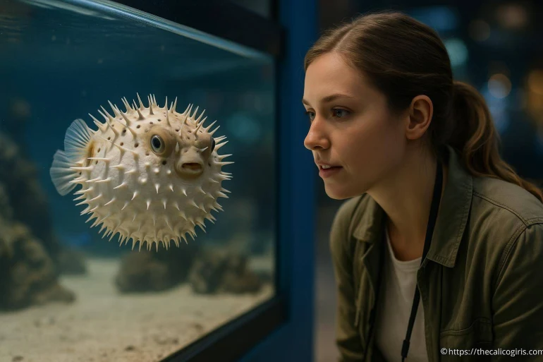 Femme regardant un poisson-globe dans un aquarium