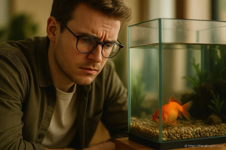 Homme observant un poisson rouge en aquarium