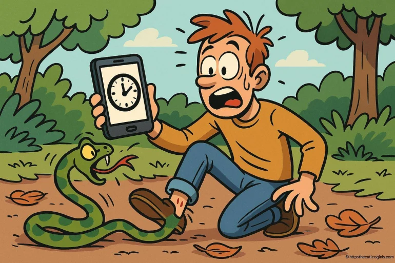 Homme surpris par un serpent mordant sa cheville