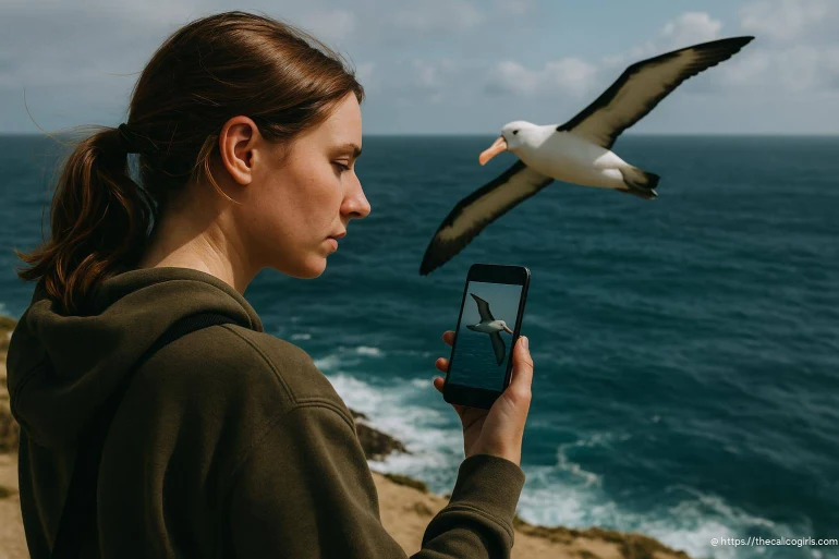 Femme prenant photo d'un albatros en vol