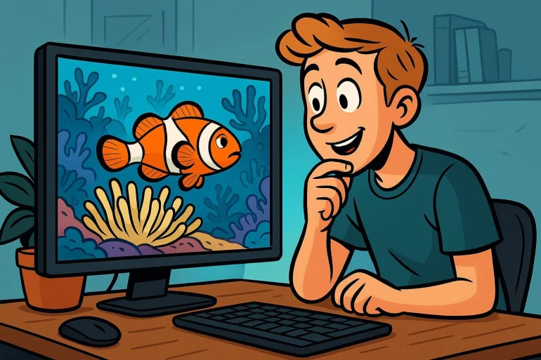 Garçon regardant poisson clown écran ordinateur