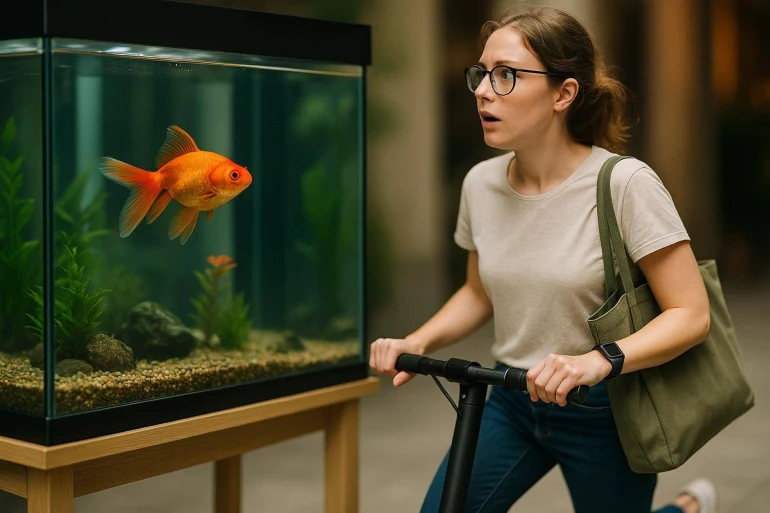 Femme surprise regardant un poisson rouge