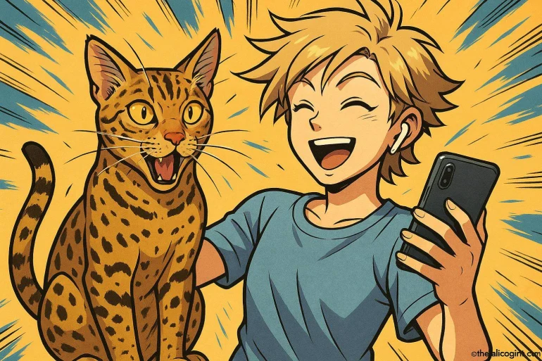 Jeune souriant avec chat tacheté
