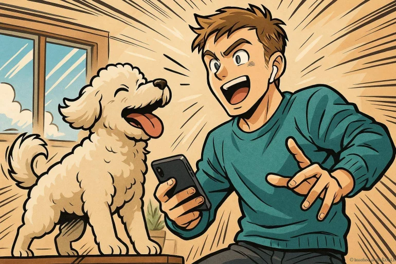 Jeune homme heureux avec chien blanc