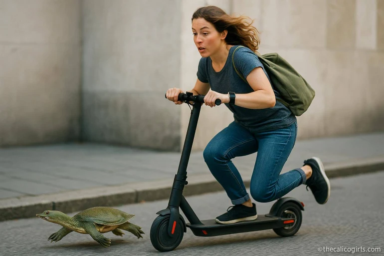 Femme en trottinette électrique et tortue