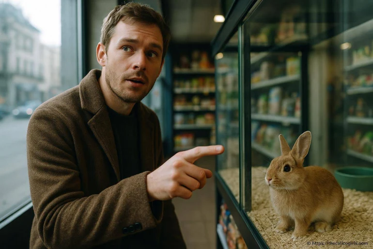 Homme regardant un lapin en vitrine