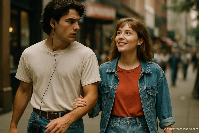Jeune couple marchant en ville main dans la main