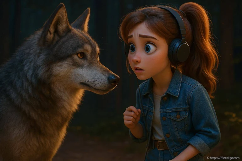 Fille animée avec casque face à un loup