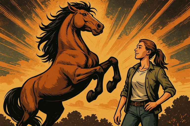 Femme regardant cheval cabré