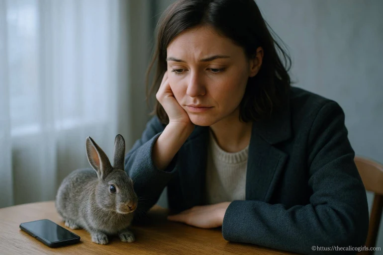Femme pensive avec un lapin gris