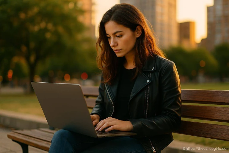Femme travaillant sur ordinateur portable en extérieur