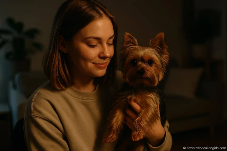 Femme tenant un petit chien yorkshire