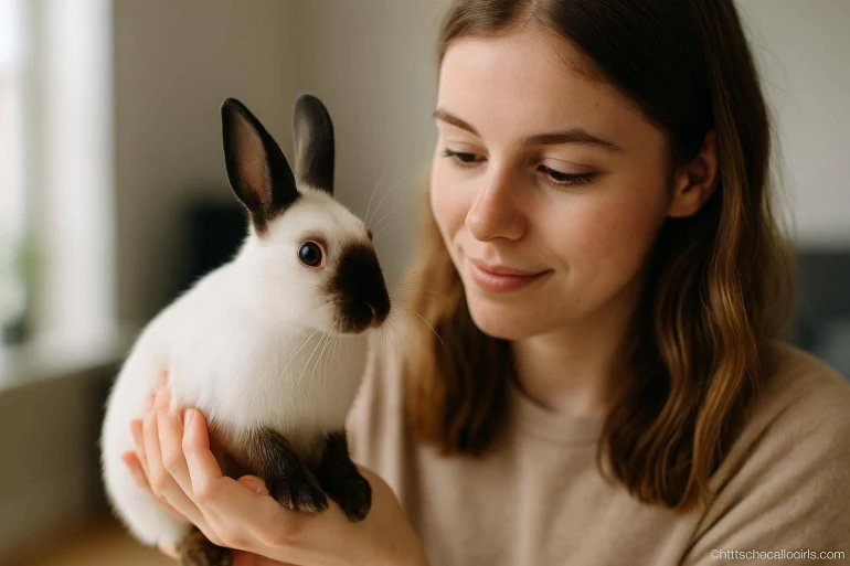 Jeune femme tenant un lapin blanc