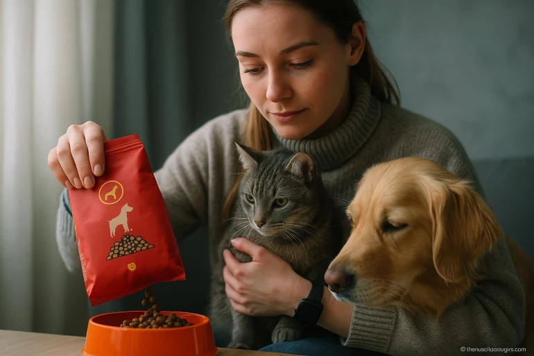 Femme nourrit chat et chien ensemble