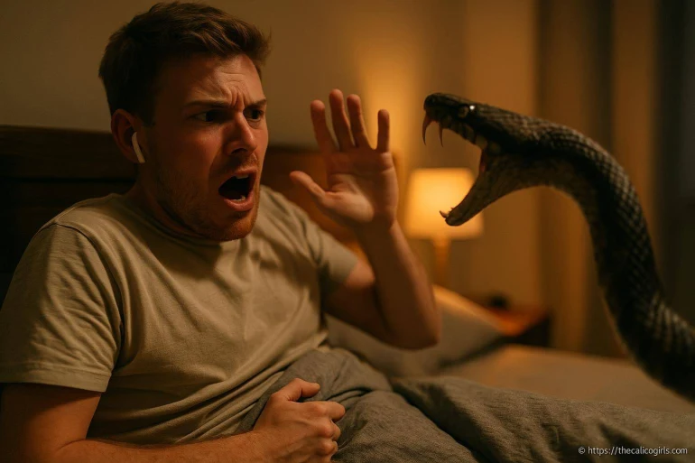 Homme surpris par serpent menaçant dans lit