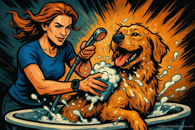 Femme lavant un chien dans une baignoire