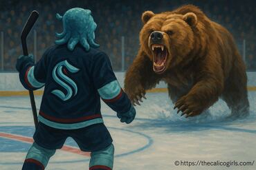 Un grizzli charge la mascotte de l'équipe de hockey sur glace des Seattle Kraken