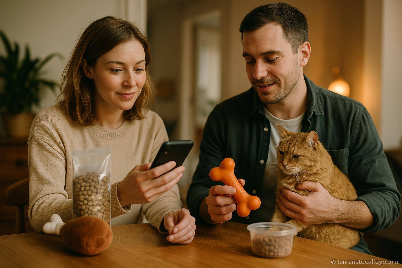 couple avec chat et jouets pour animaux