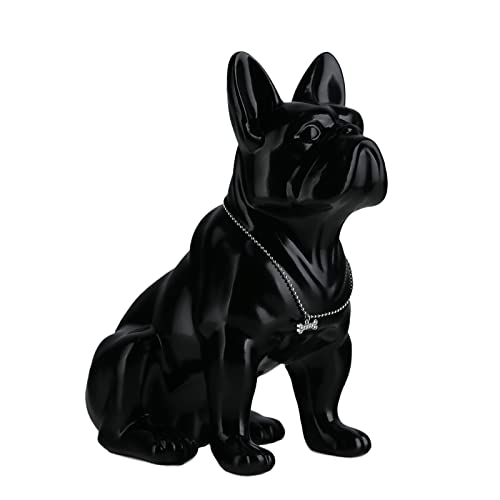 SHENGTIAN Statue Bouledogue Français - Sculpture Moderne en Résine avec Collier Argenté - Statuette de Chien pour Salon, Bureau, Couloir et Chambre (Noir, 31cm)