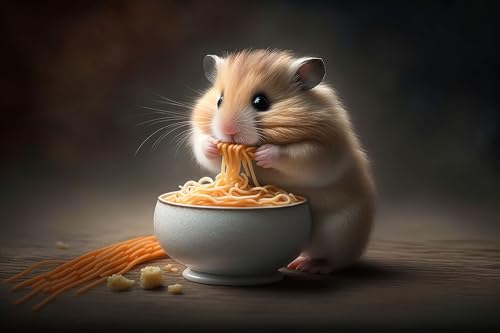 adrium Generative IA (198569892) Tableau composite en aluminium 80 x 50 cm - Hamster qui mange des spaghettis dans un bol