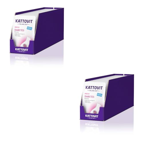 Kattovit Feline Diet Diabète - au Saumon | Pack Double | 2 x 24 x 85 g | Alimentation spéciale pour Chats | pour Soutenir l'approvisionnement en Glucose | Teneur élevée en Fibres brutes