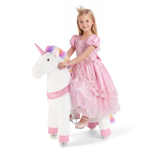 VEVOR Licorne à roulettes pour Enfants dès 6 Ans, Licorne à Monter Fonctionnant sans Pile, Charge Max. 80 kg, Jouet en Peluche avec Siège Rehaussé, Poignées, Pédales et Roues avec Anneau Anti-Recul