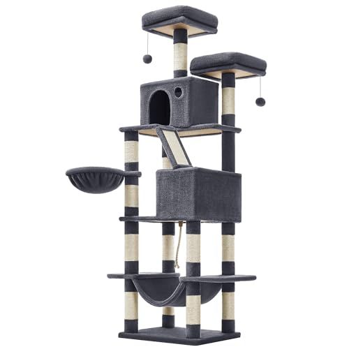 Feandrea Arbre à Chat, Hauteur 206 cm, avec 13 Griffoirs, 2 Plate-Forme, 2 Niches, Panier, Hamac, Pompon, Tissu Peluche, Multi-Niveaux pour Chat d'Intérieur, Gris Foncé PCT190G01