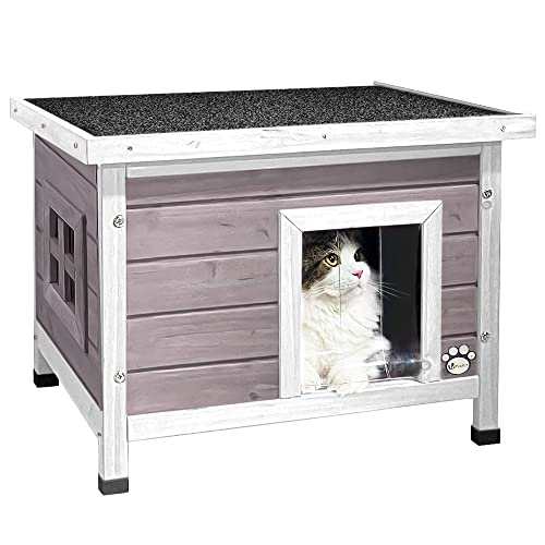 VOUNOT® Maison de Chat en Bois avec Toit Bitumé et Fenêtre Plexiglas Maison de Toilette pour Chat Meuble de Bac avec Porte Niche 57x45x43cm Gris