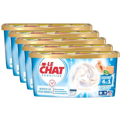 LE CHAT -Sensitive Disc 4en1 -Savon de Marseille & Aloe Vera - Respecte les Peaux Sensibles -Sans Conservateur - Parfum Hypoallergénique - Testé Dermatologiquement - Efficacité Le Chat - 175 Capsules