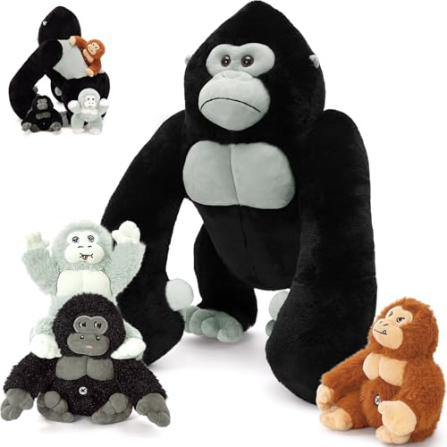 MorisMos Peluche Gris Gorille, 50 Cm Maman avec 3 BéBéS Mign
