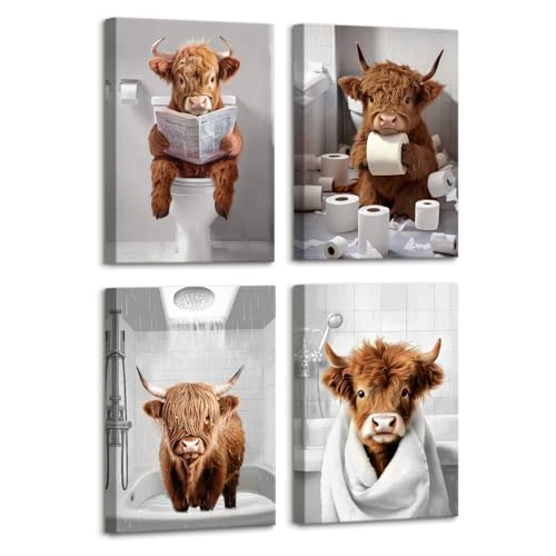 4pcs Cadre en Bois Impression sur Toile Vache des Highlands