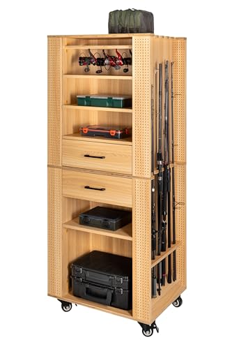 Tackley Armoire à matériel de pêche, 65 × 50 × 158 cm, Coloris hêtre, Support pour 12 Cannes à pêche, Supports en Option pour jusqu'à 20 moulinets, tiroirs et Compartiments pour Accessoires.